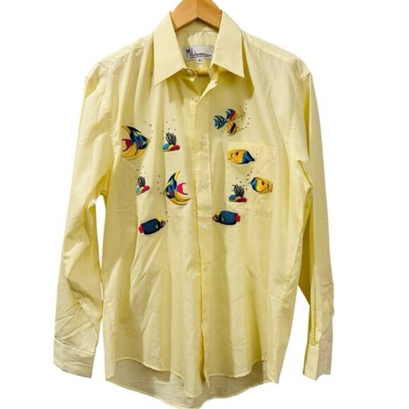 Mili Designs Yellow Striped Button-Up Shirt Embroidered Fish Rhinestones Medium - Picture 1 of 9